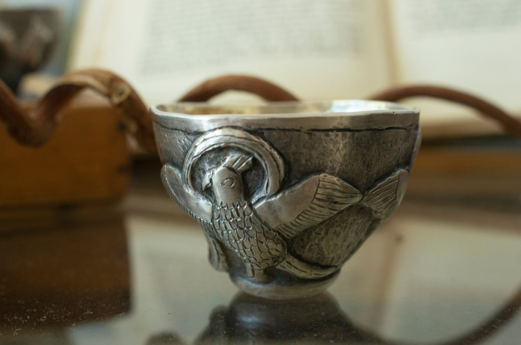 Silver cup with Eurasian pheasant